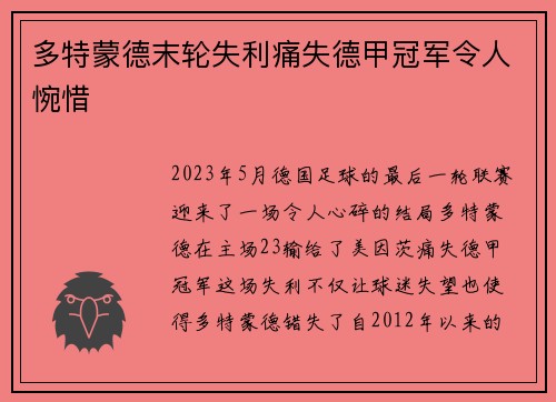 多特蒙德末轮失利痛失德甲冠军令人惋惜