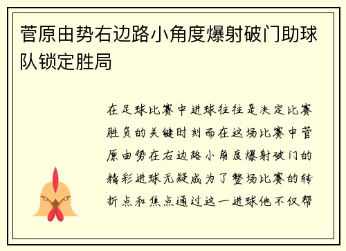 菅原由势右边路小角度爆射破门助球队锁定胜局